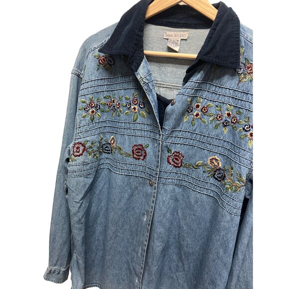 Sara Studio Vintage 90's Chambray Denim Corduroy Trim Vest Embroidered Shirt - Picture 1 of 7